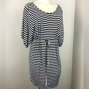 Calvin Klein Black and White Striped Dress 3/4 Sleeve with Cinched Waist